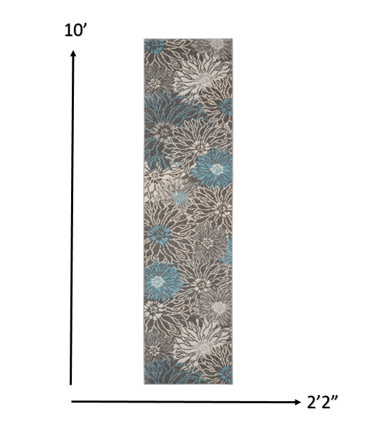 10' Blue And Gray Floral Power Loom Runner Rug