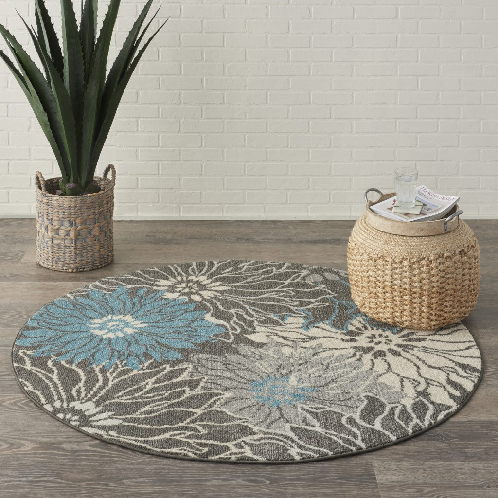 4' Blue And Gray Round Floral Power Loom Area Rug