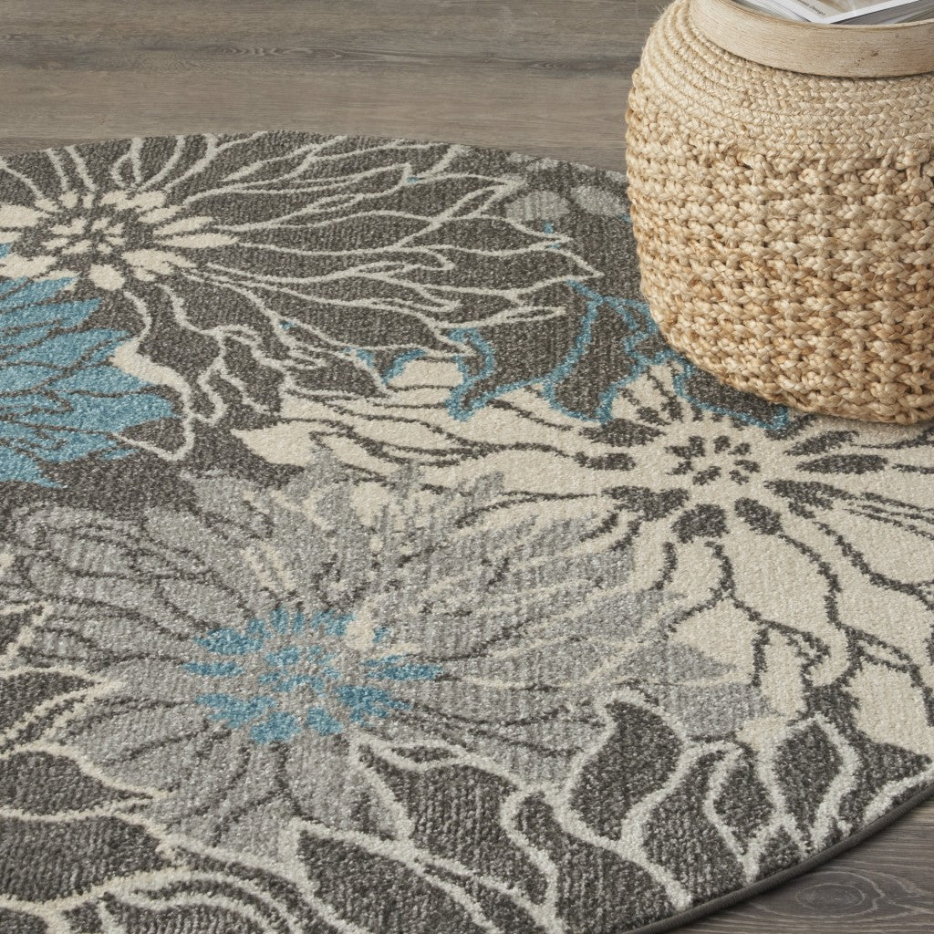 4' Blue And Gray Round Floral Power Loom Area Rug