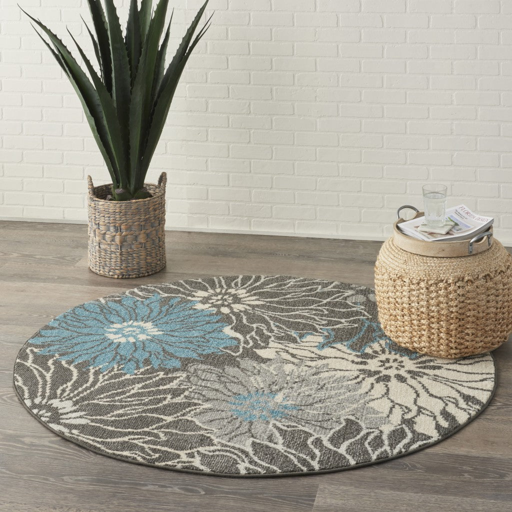 4' Blue And Gray Round Floral Power Loom Area Rug