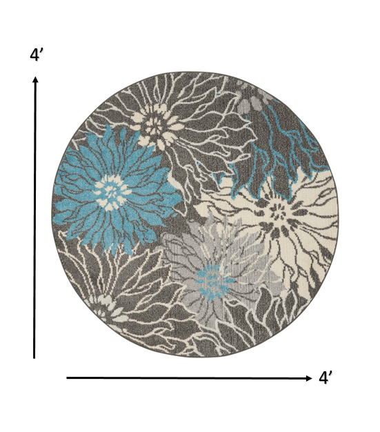 4' Blue And Gray Round Floral Power Loom Area Rug