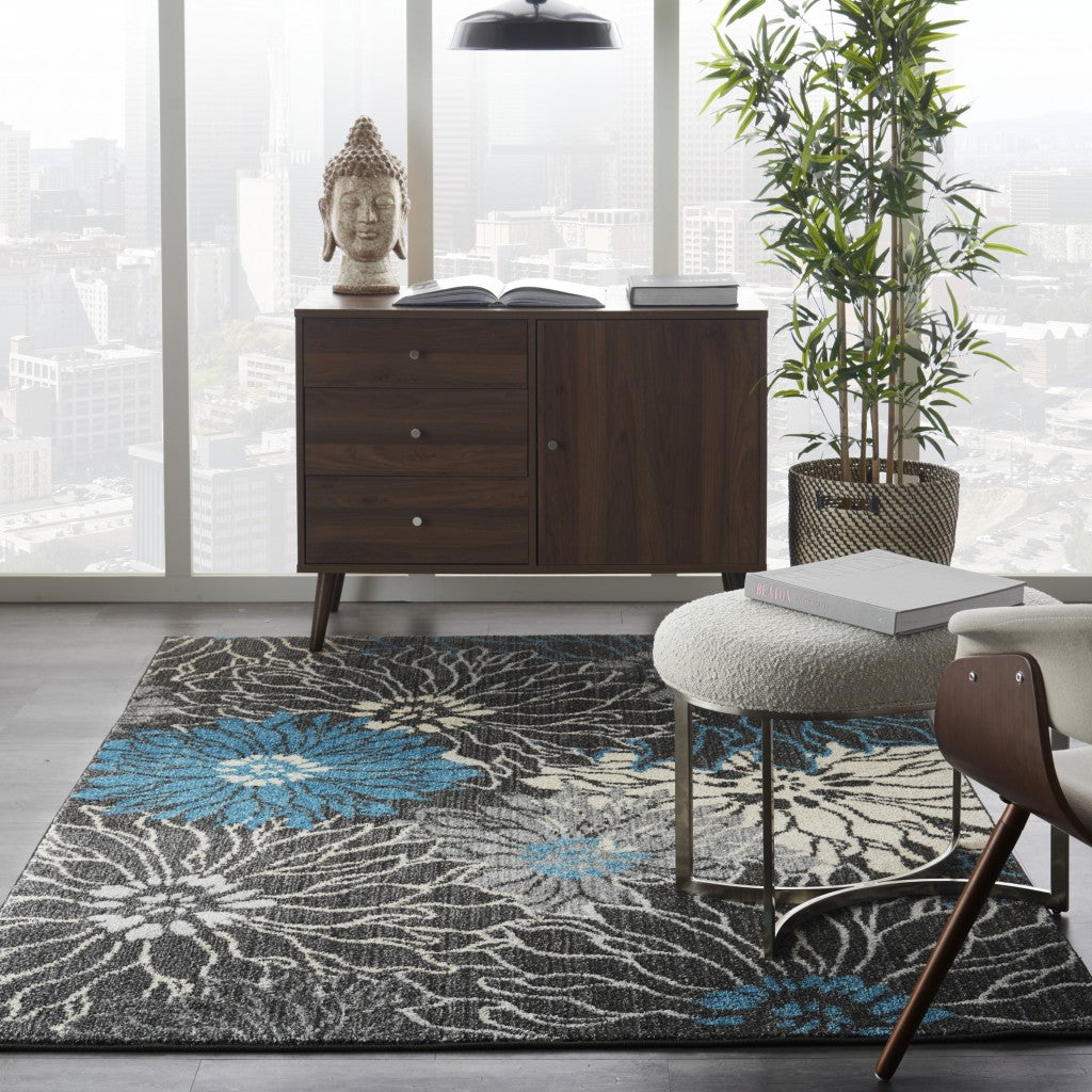 5' X 7' Blue And Gray Floral Power Loom Area Rug