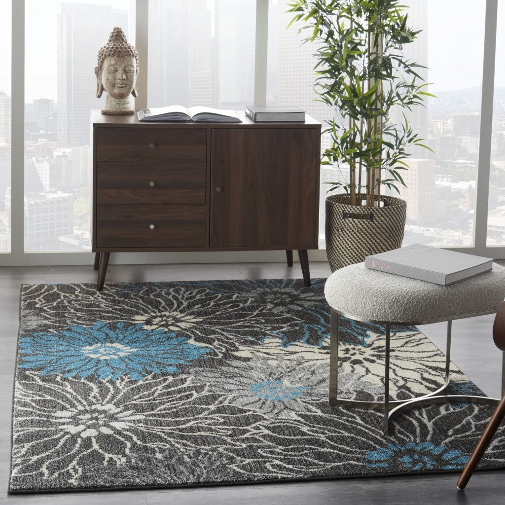 5' X 7' Blue And Gray Floral Power Loom Area Rug