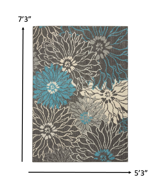 5' X 7' Blue And Gray Floral Power Loom Area Rug