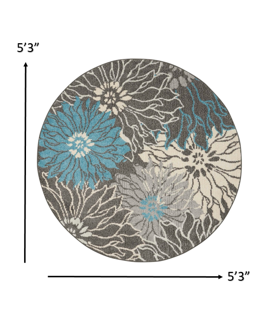 5' Blue And Gray Round Floral Power Loom Area Rug