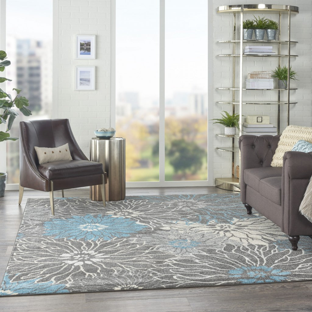 7' X 10' Blue And Gray Floral Power Loom Area Rug