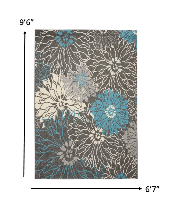 7' X 10' Blue And Gray Floral Power Loom Area Rug