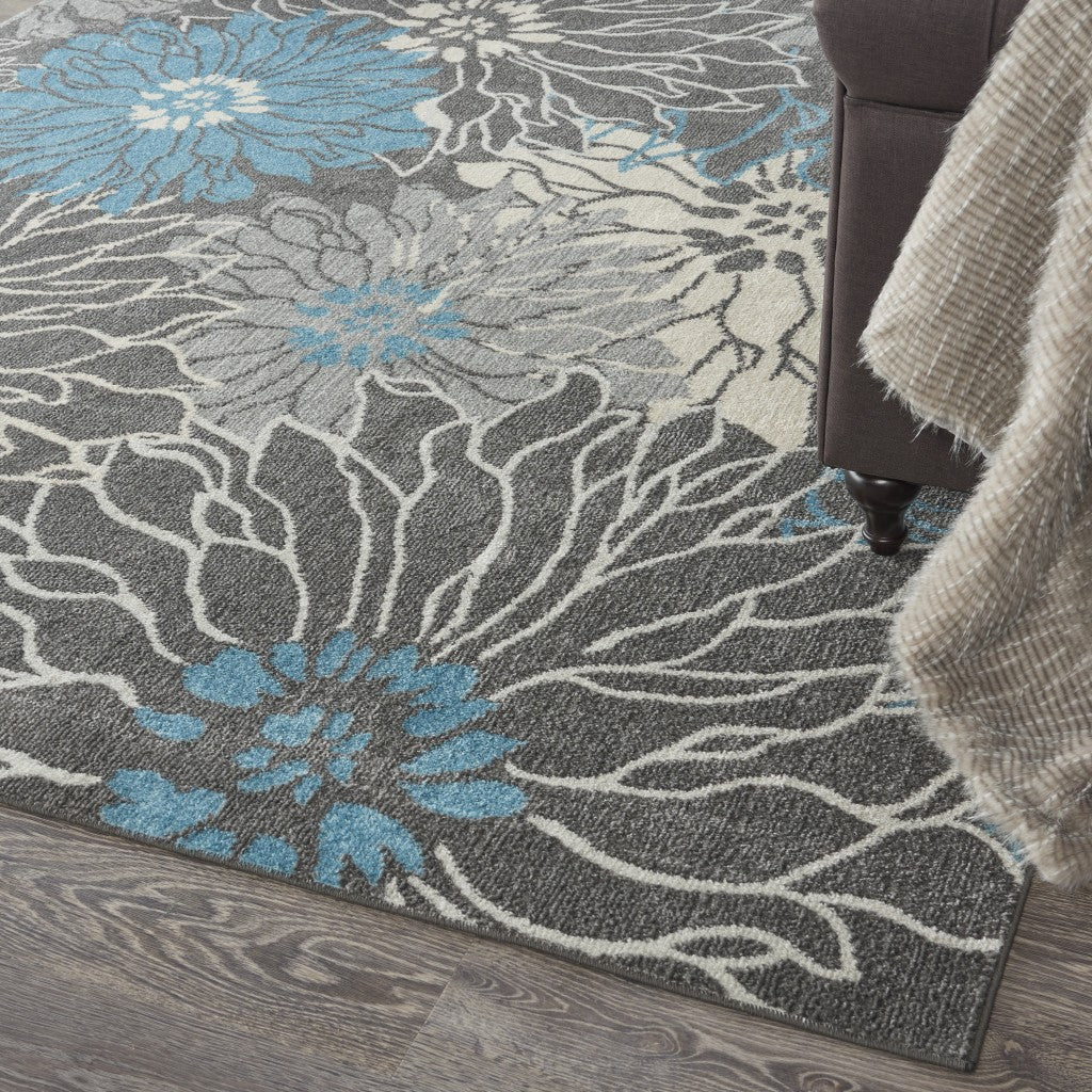 8' X 10' Blue And Gray Floral Power Loom Area Rug