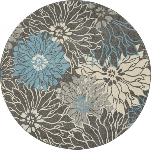 8' Blue And Gray Round Floral Power Loom Area Rug