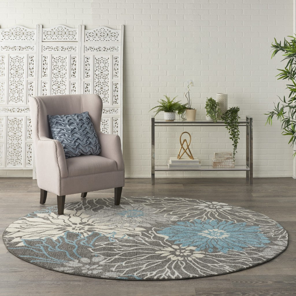 8' Blue And Gray Round Floral Power Loom Area Rug