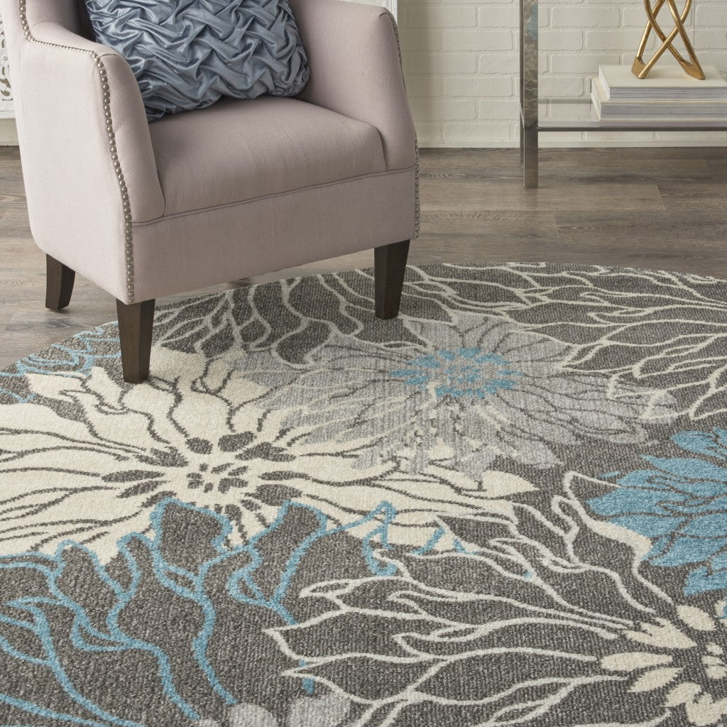 8' Blue And Gray Round Floral Power Loom Area Rug