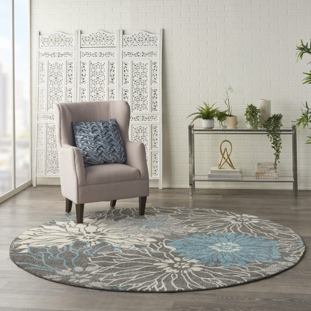 8' Blue And Gray Round Floral Power Loom Area Rug