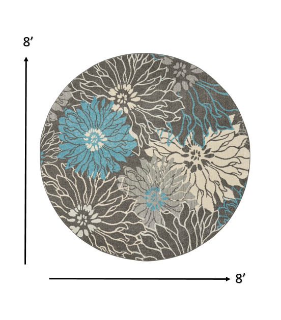 8' Blue And Gray Round Floral Power Loom Area Rug