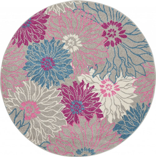 4' Gray Round Floral Dhurrie Area Rug