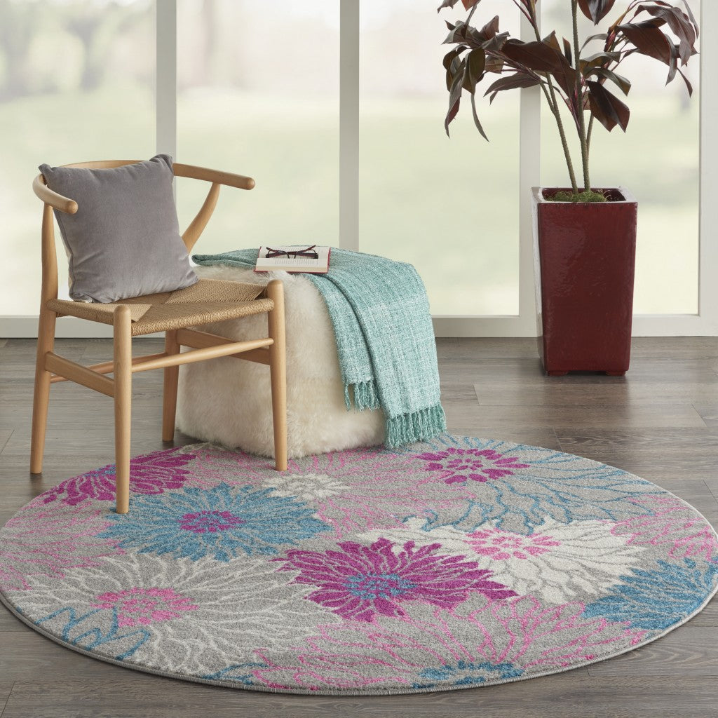 4' Gray Round Floral Dhurrie Area Rug