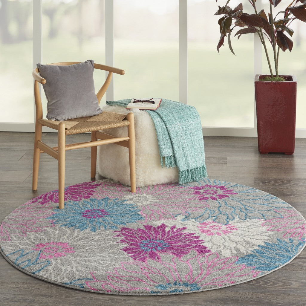 4' Gray Round Floral Dhurrie Area Rug