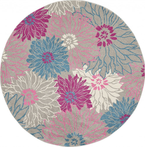 8' Gray Round Floral Dhurrie Area Rug