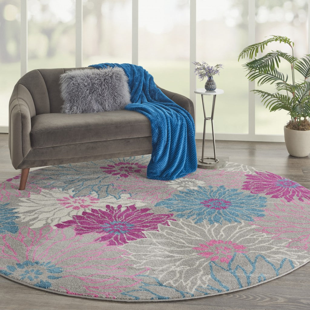 8' Gray Round Floral Dhurrie Area Rug