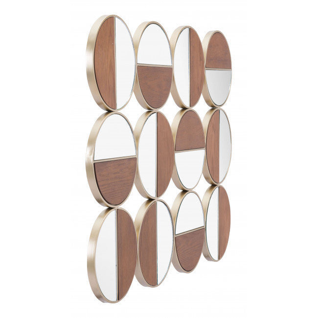 Set of 12 Round Gold and Walnut Finish Wall  Mirrors