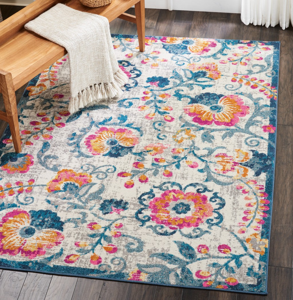 5' X 7' Ivory Floral Dhurrie Area Rug