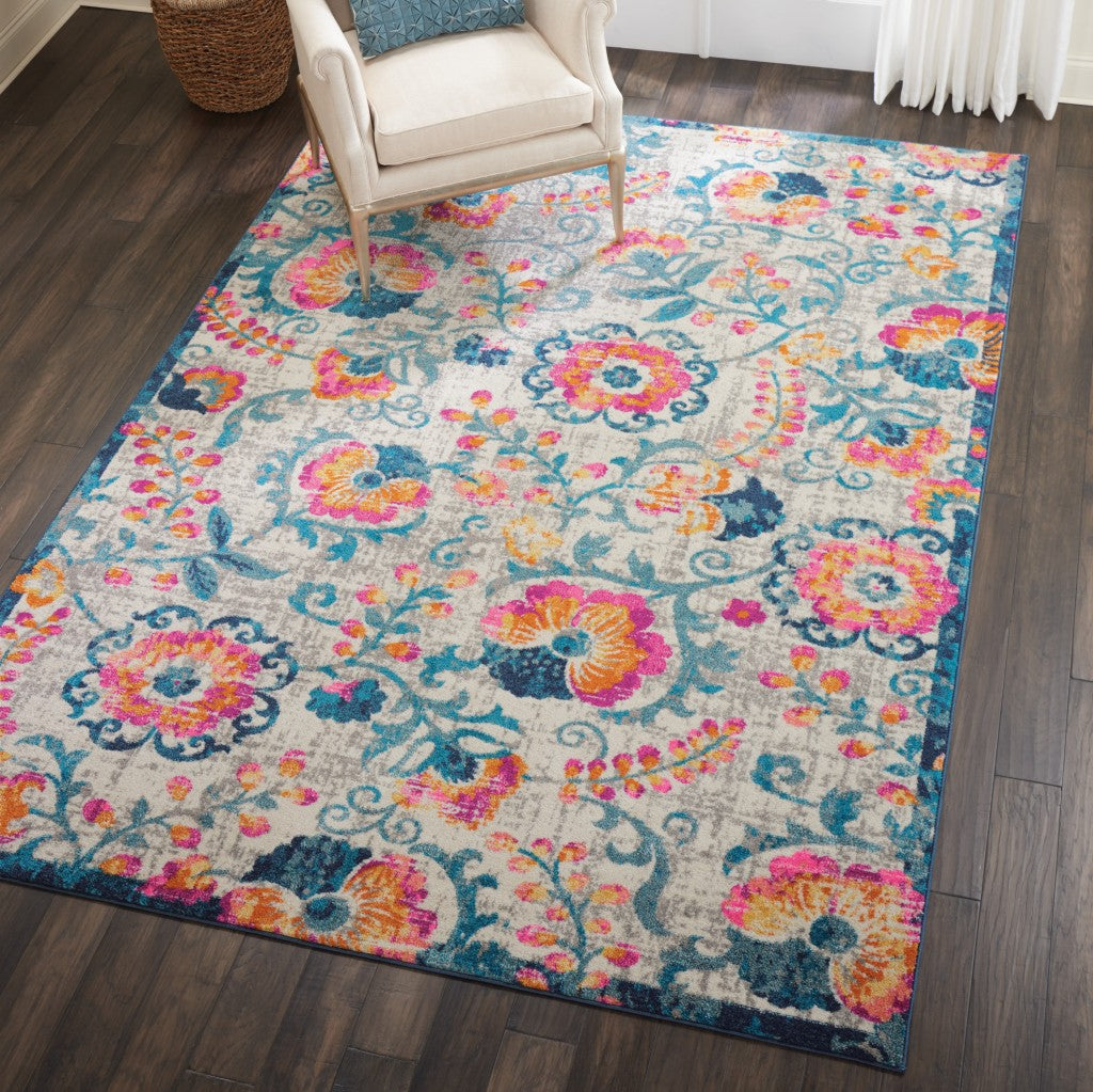 7' X 10' Ivory Floral Dhurrie Area Rug