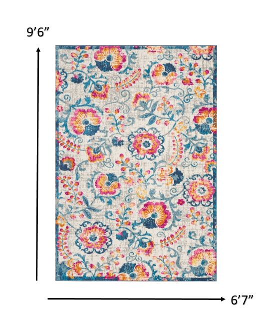 7' X 10' Ivory Floral Dhurrie Area Rug