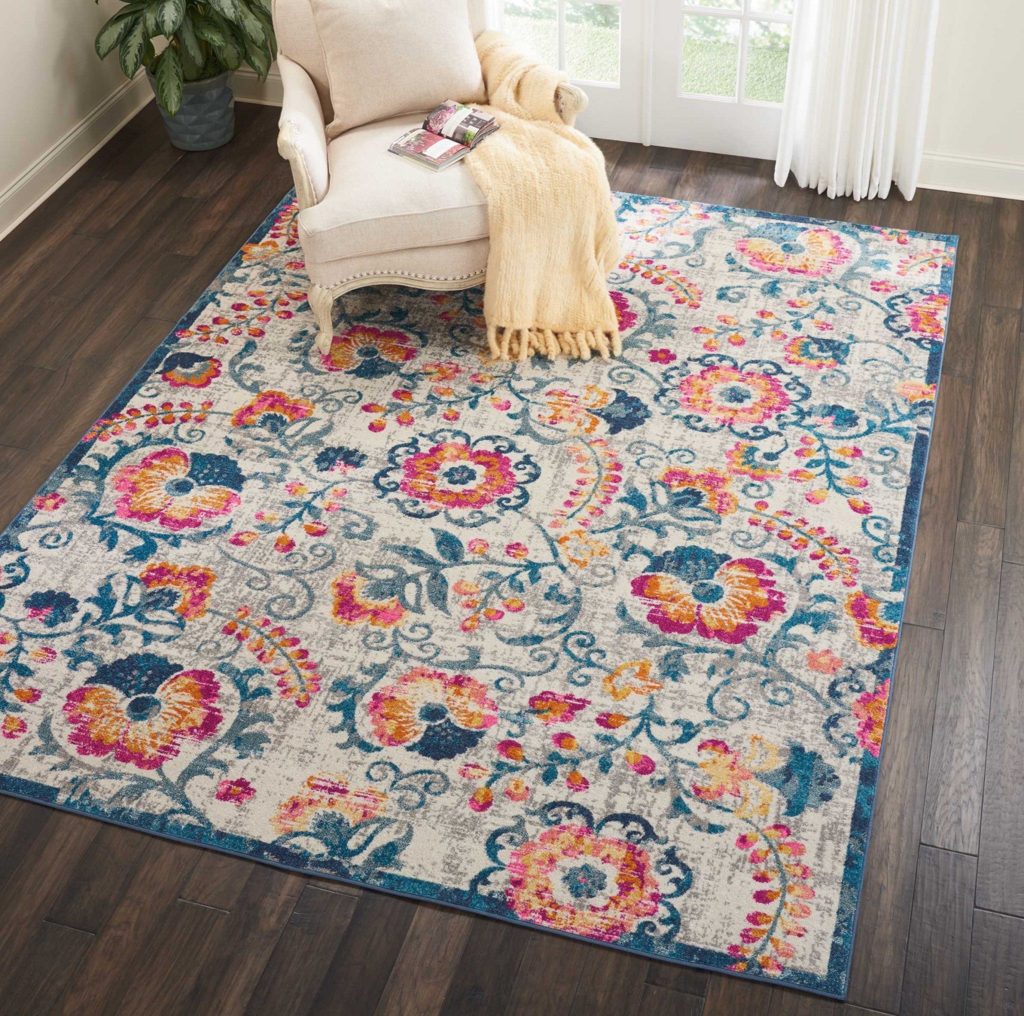 8' X 10' Ivory Floral Dhurrie Area Rug