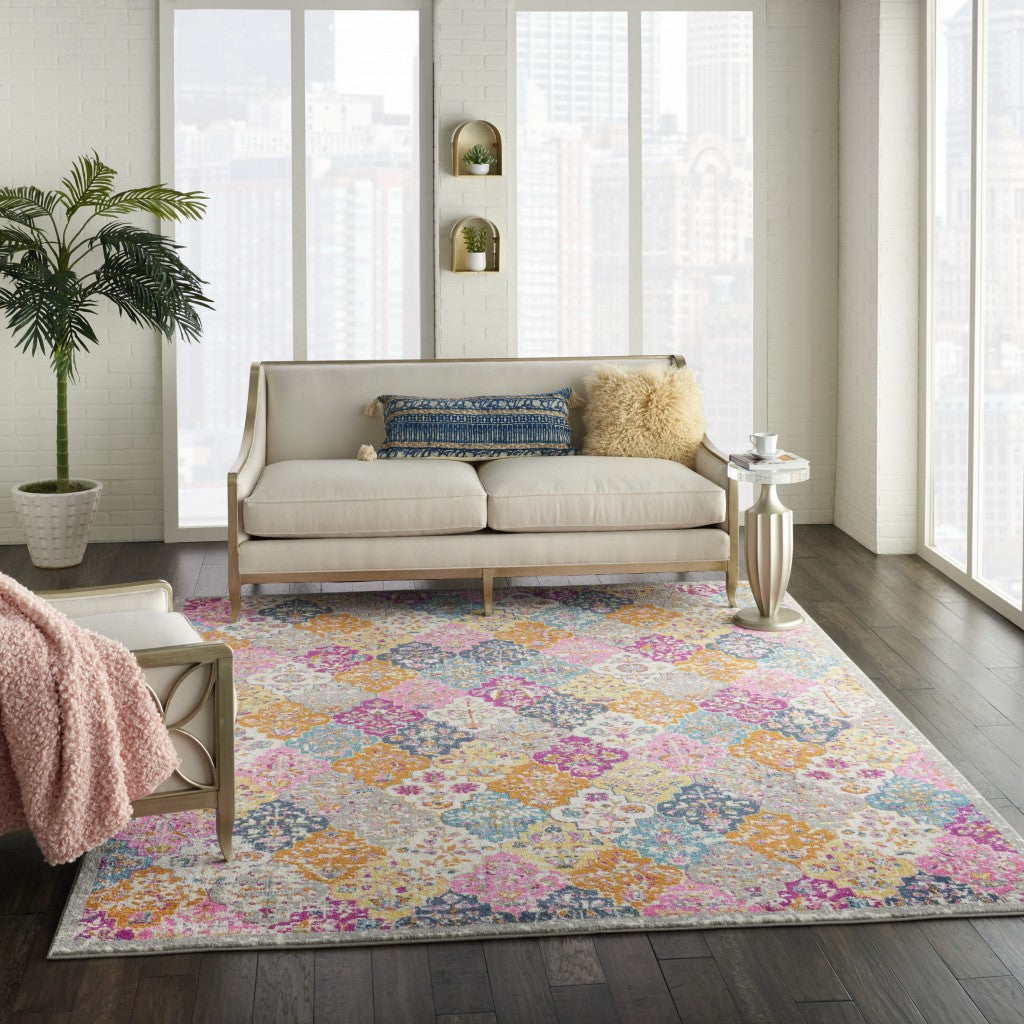 7' X 10' Pink And Gray Geometric Dhurrie Area Rug