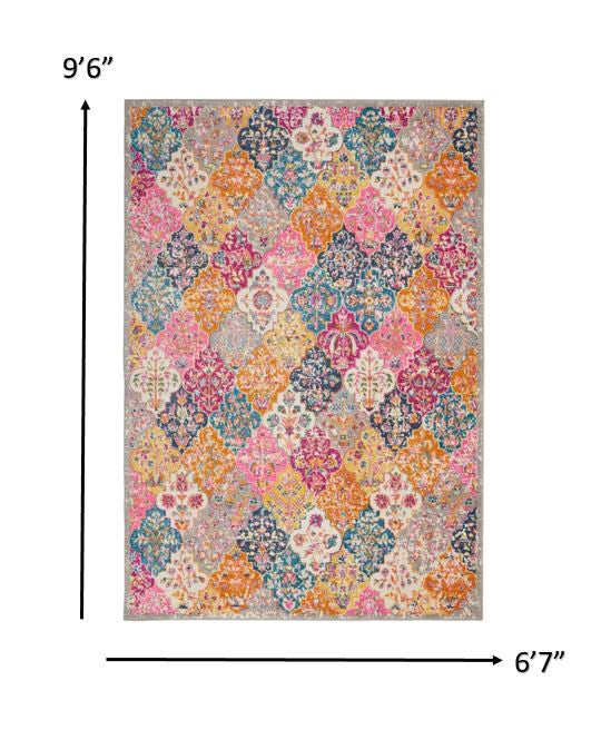 7' X 10' Pink And Gray Geometric Dhurrie Area Rug