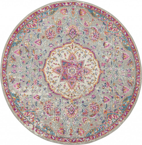 4' Pink And Gray Round Power Loom Area Rug