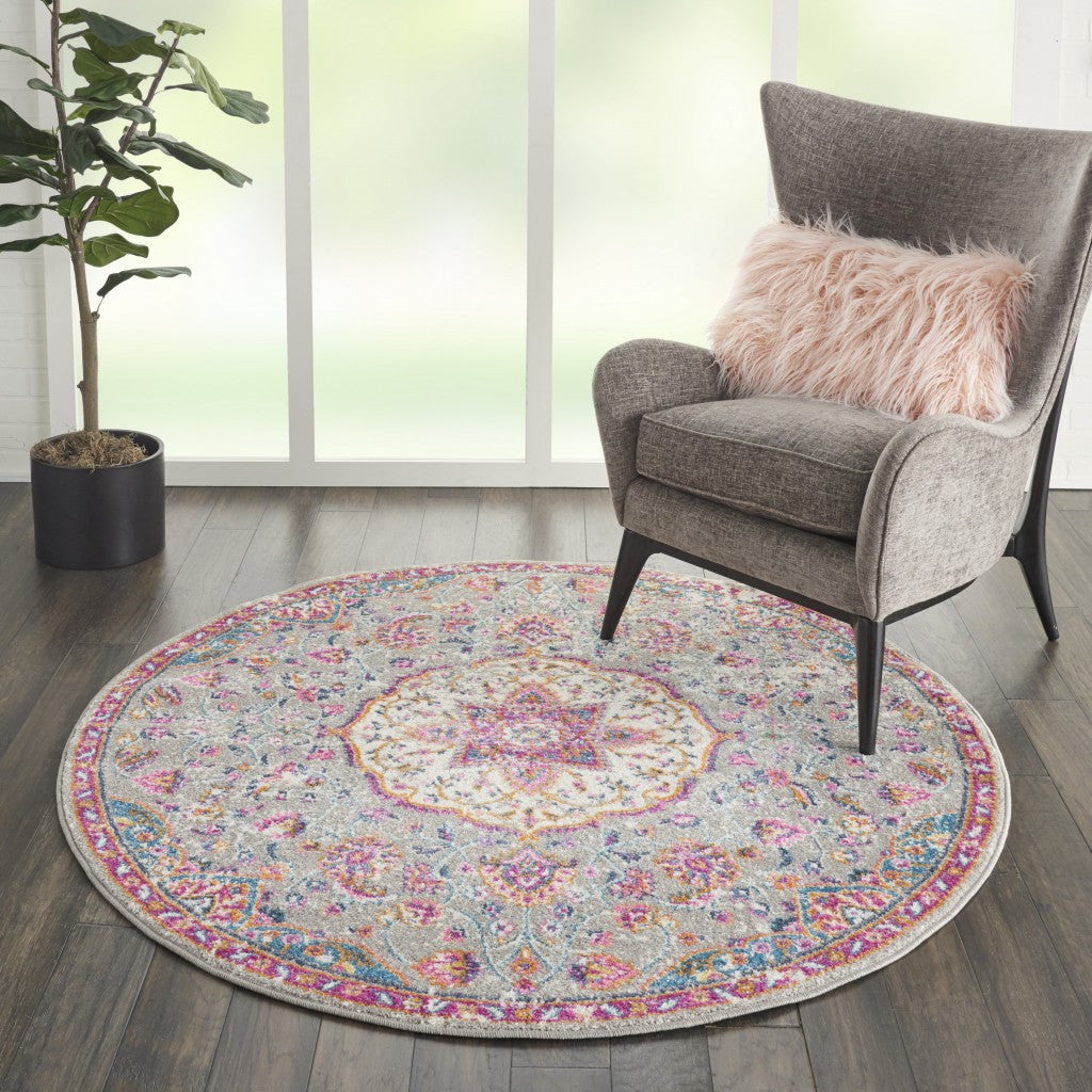 4' Pink And Gray Round Power Loom Area Rug