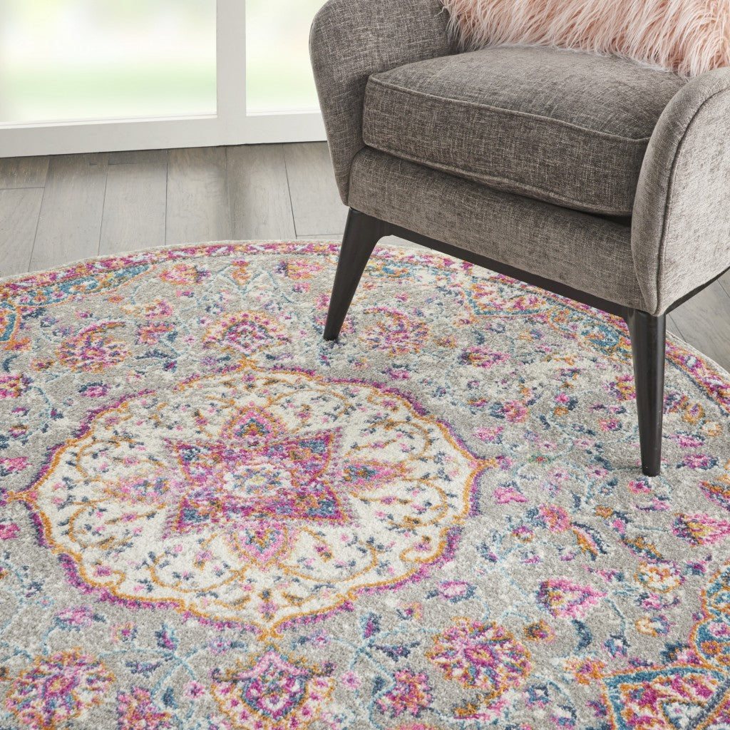 4' Pink And Gray Round Power Loom Area Rug