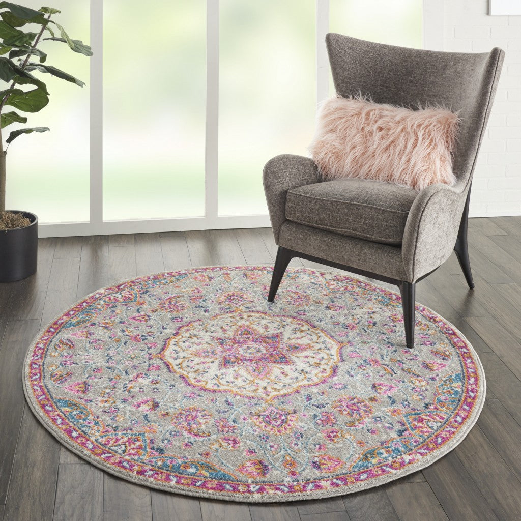 4' Pink And Gray Round Power Loom Area Rug