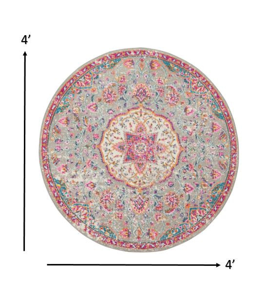 4' Pink And Gray Round Power Loom Area Rug