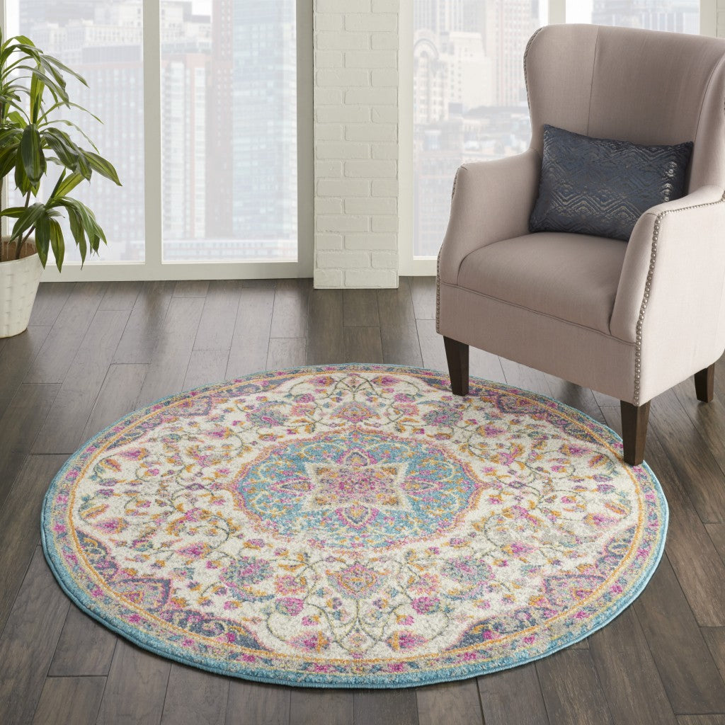 4' Pink And Green Round Dhurrie Area Rug