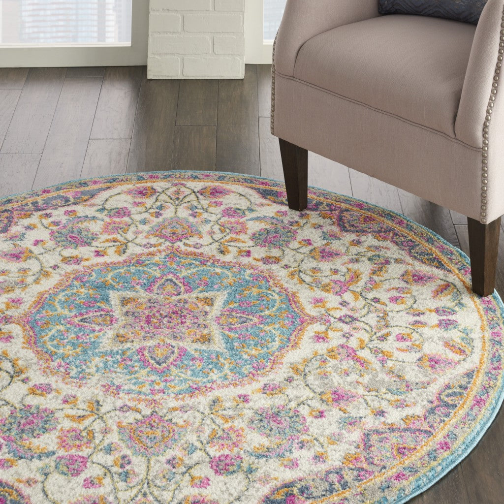 4' Pink And Green Round Dhurrie Area Rug