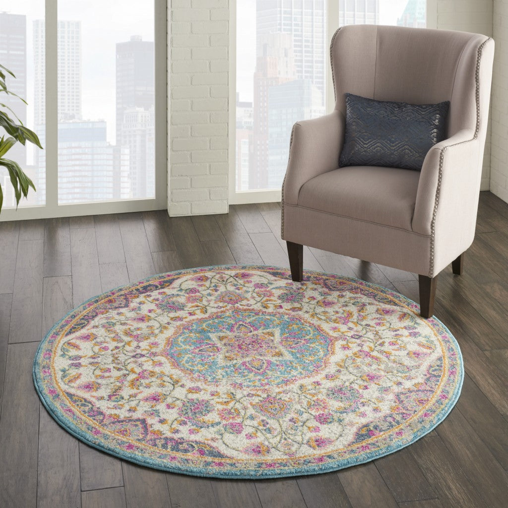 4' Pink And Green Round Dhurrie Area Rug