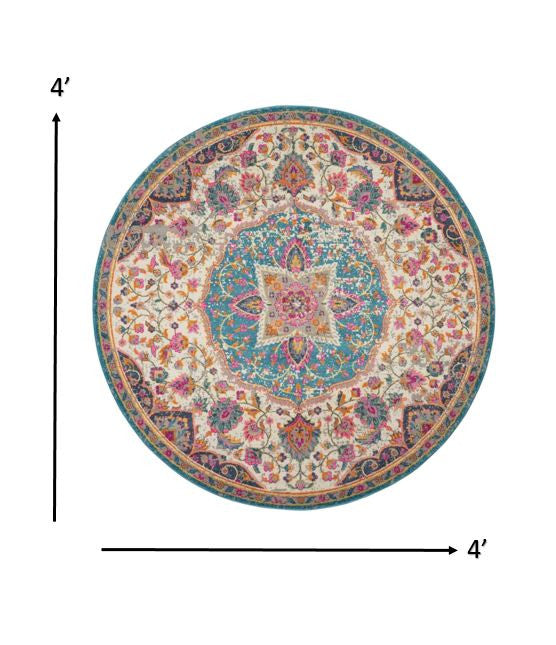 4' Pink And Green Round Dhurrie Area Rug