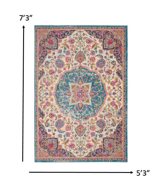 5' X 7' Pink And Green Dhurrie Area Rug