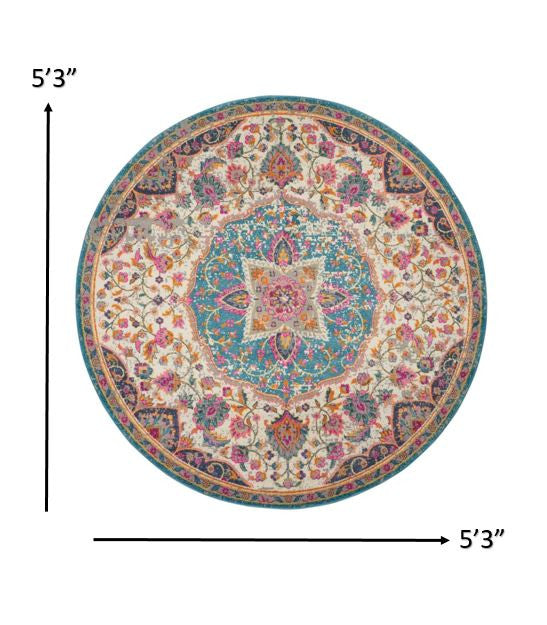 5' Pink And Green Round Dhurrie Area Rug