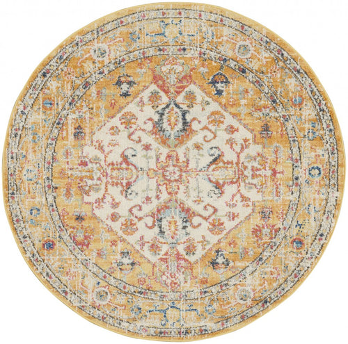 4' Yellow And Ivory Round Dhurrie Area Rug