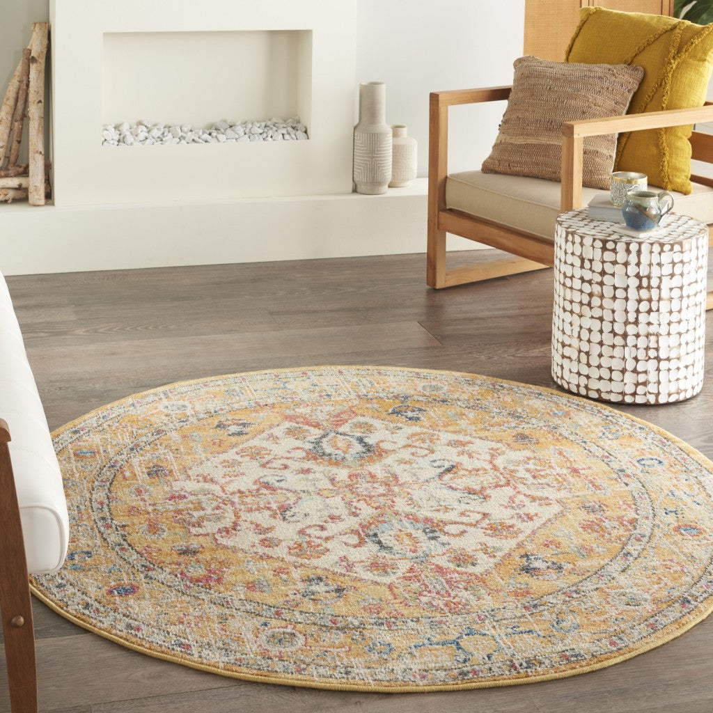 4' Yellow And Ivory Round Dhurrie Area Rug