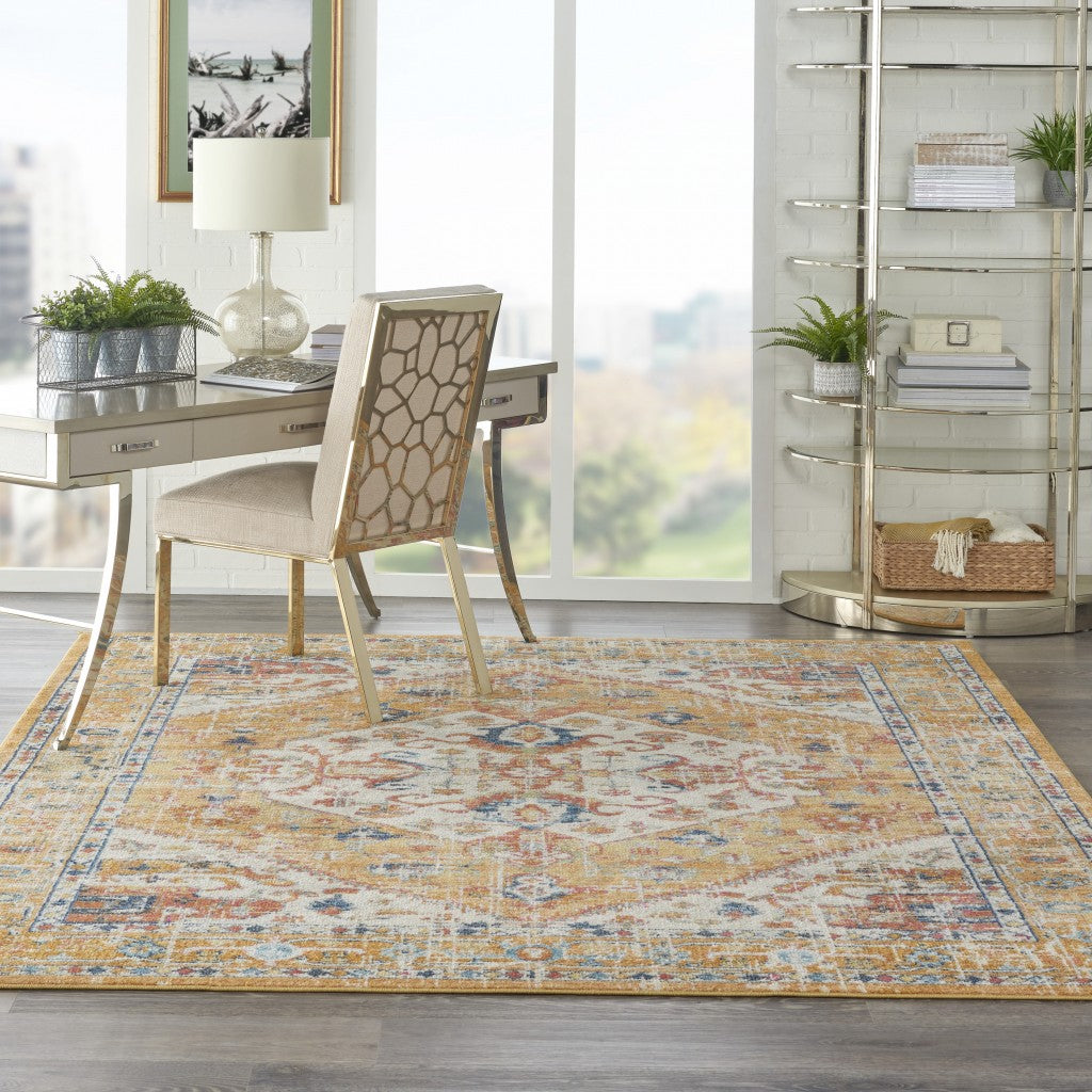 7' X 10' Yellow And Ivory Dhurrie Area Rug