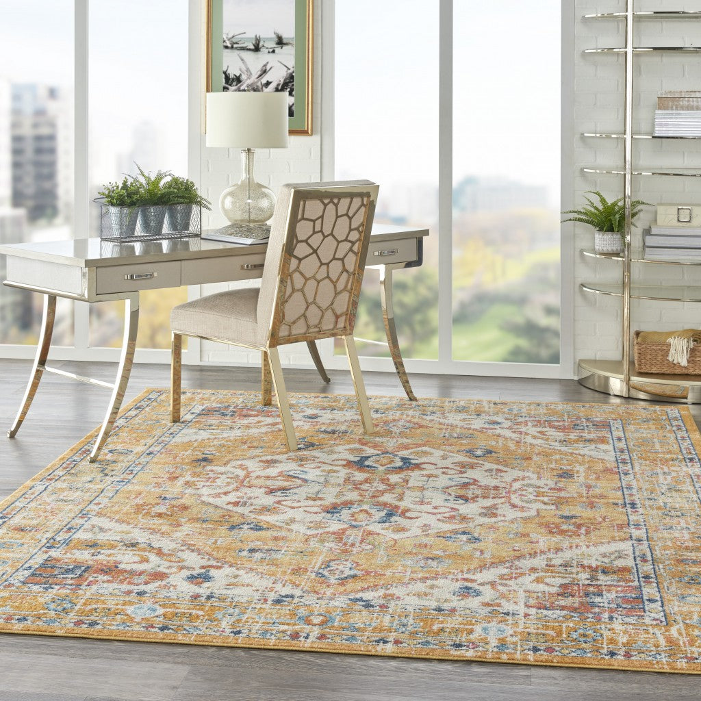 7' X 10' Yellow And Ivory Dhurrie Area Rug