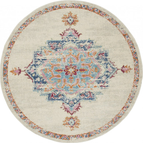 5' Gray And Ivory Round Power Loom Area Rug