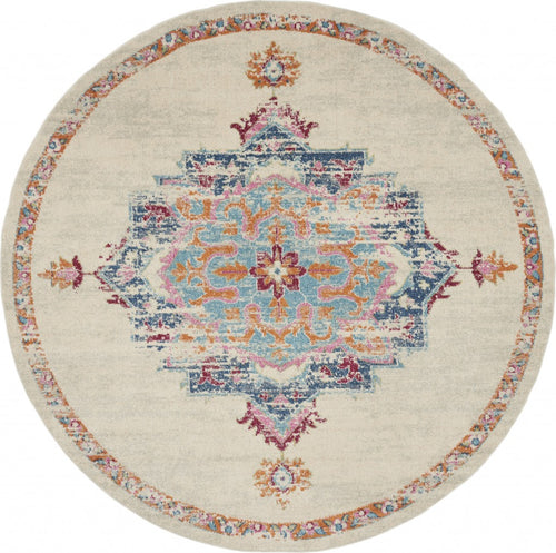 8' Gray And Ivory Round Power Loom Area Rug