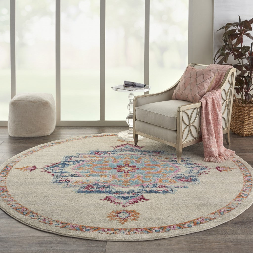 8' Gray And Ivory Round Power Loom Area Rug