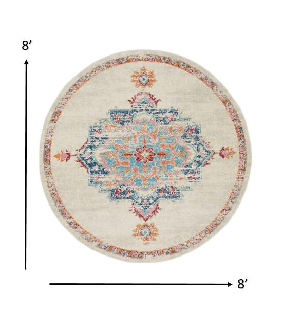 8' Gray And Ivory Round Power Loom Area Rug