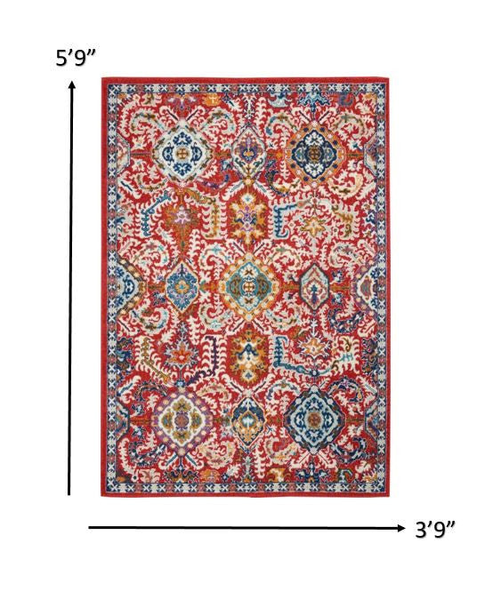 4' X 6' Red And Ivory Damask Power Loom Area Rug