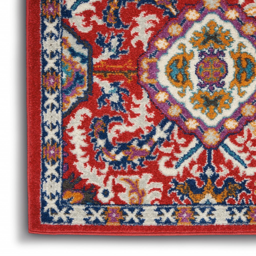 4' X 6' Red And Ivory Damask Power Loom Area Rug